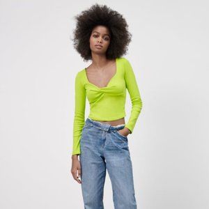 NWT Zara Neon Lime Green Knotted Long Sleeves Top